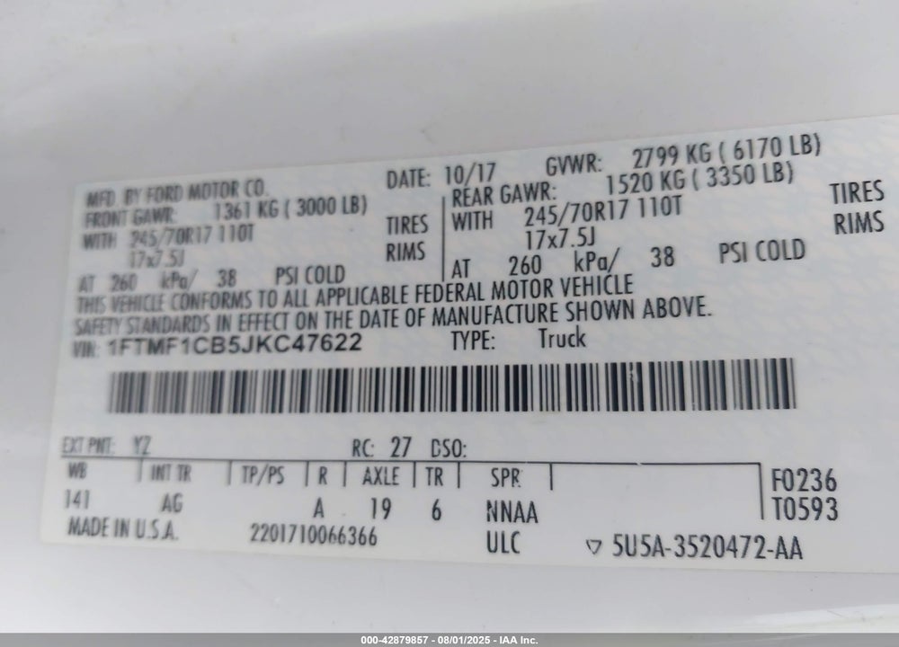 2018 FORD F-150 VIN: 1FTMF1CB5JKC47622