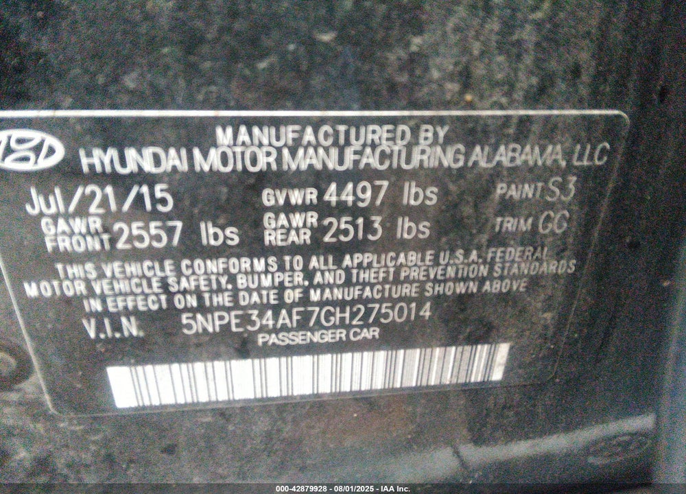 2016 HYUNDAI SONATA VIN: 5NPE34AF7GH275014