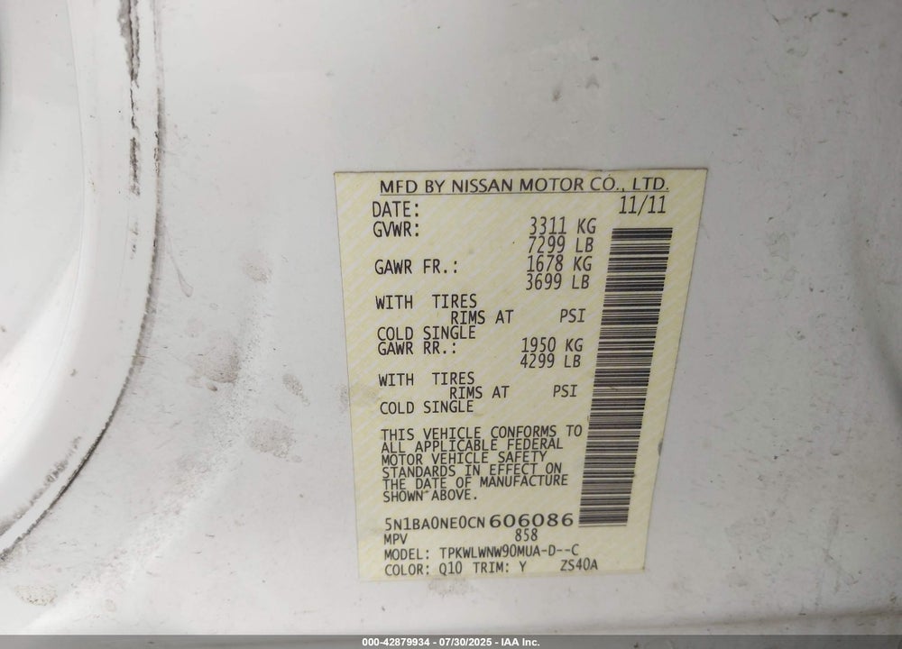 2012 NISSAN ARMADA VIN: 5N1BA0NE0CN606086