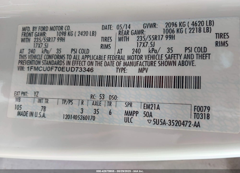2014 FORD ESCAPE VIN: 1FMCU0F70EUD73346