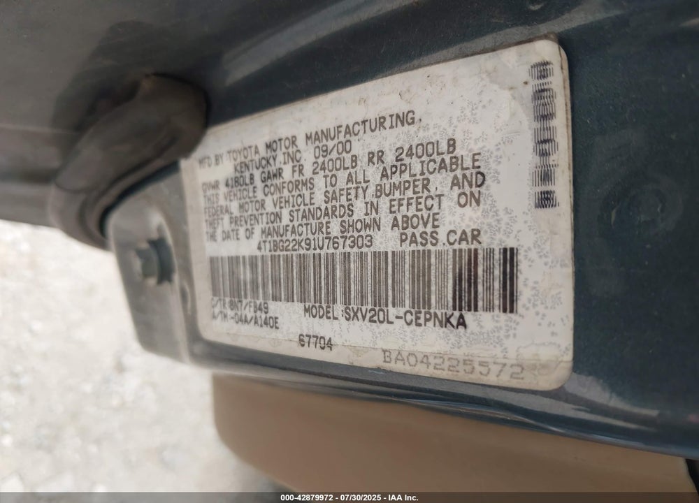 2001 TOYOTA CAMRY VIN: 4T1BG22K91U767303