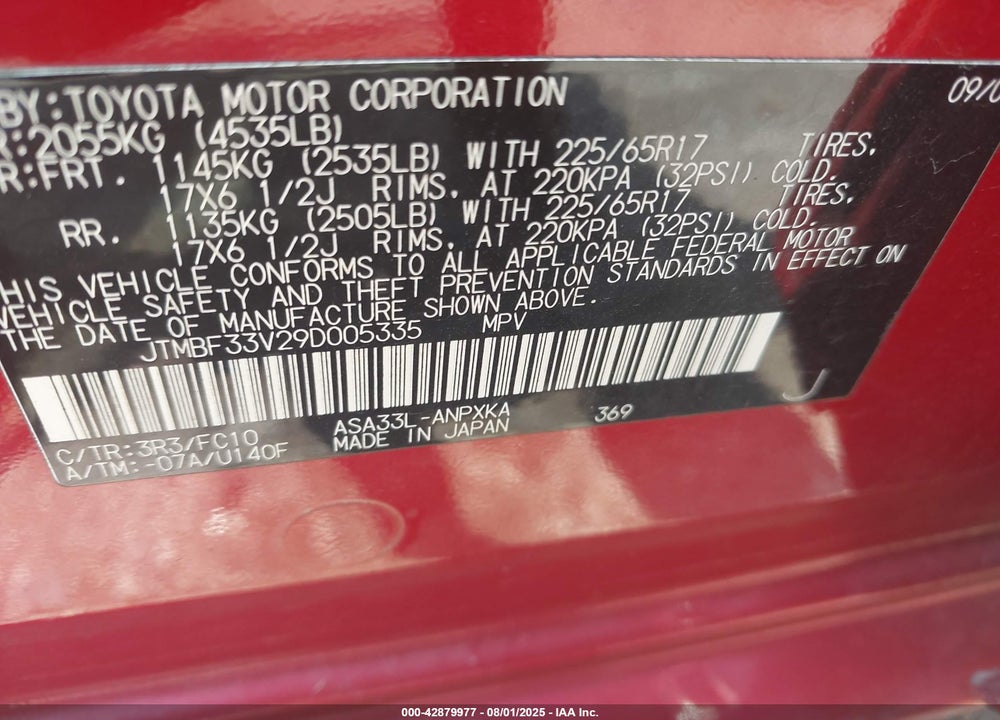 2009 TOYOTA RAV4 VIN: JTMBF33V29D005335