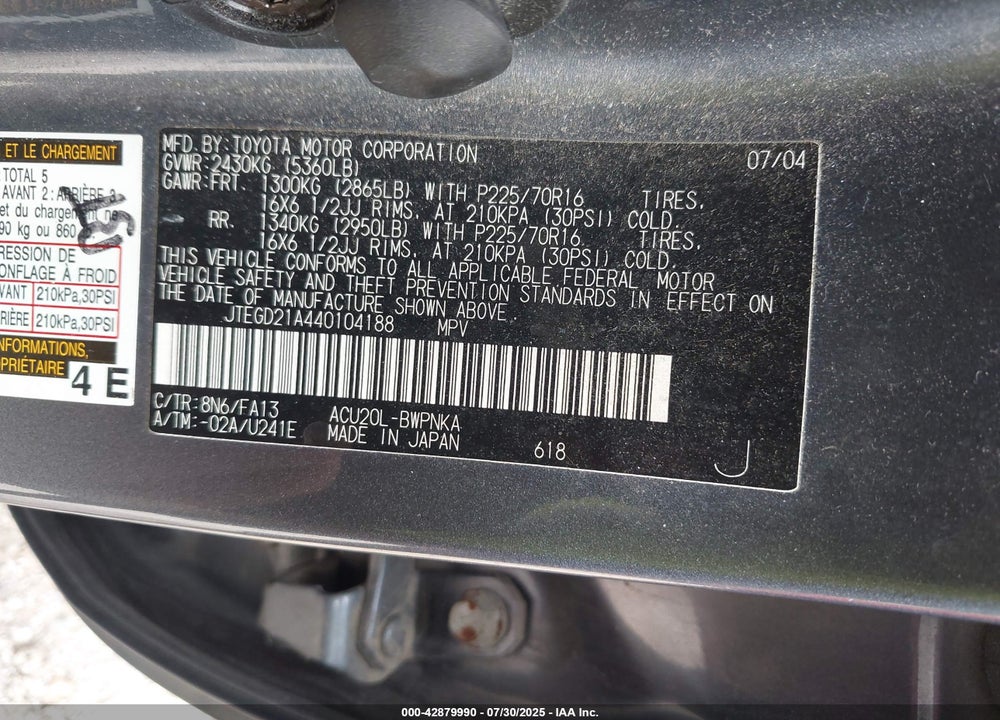 2004 TOYOTA HIGHLANDER VIN: JTEGD21A440104188