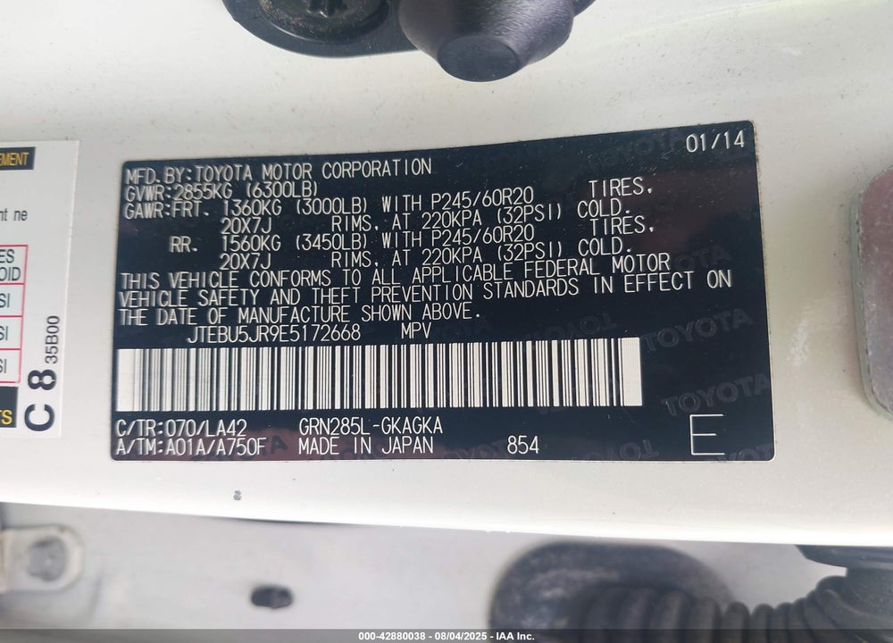 2014 TOYOTA 4RUNNER VIN: JTEBU5JR9E5172668