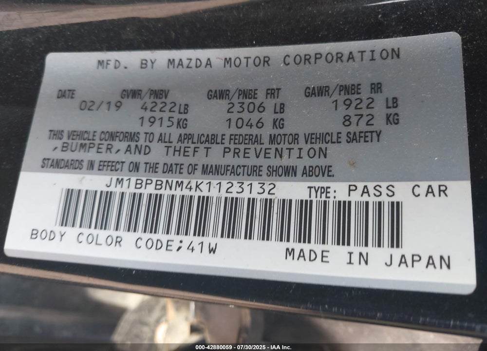 2019 MAZDA 3 VIN: JM1BPBNM4K1123132