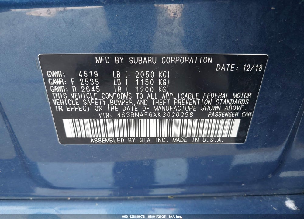 2019 SUBARU LEGACY VIN: 4S3BNAF6XK3020298