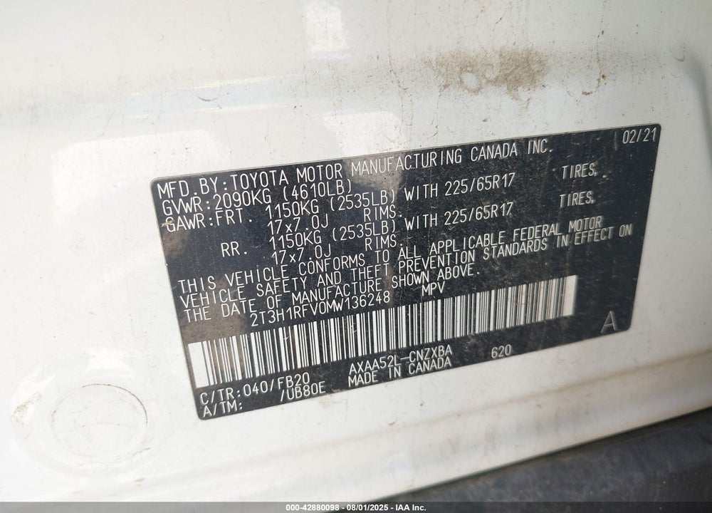 2021 TOYOTA RAV4 VIN: 2T3H1RFV0MW136248