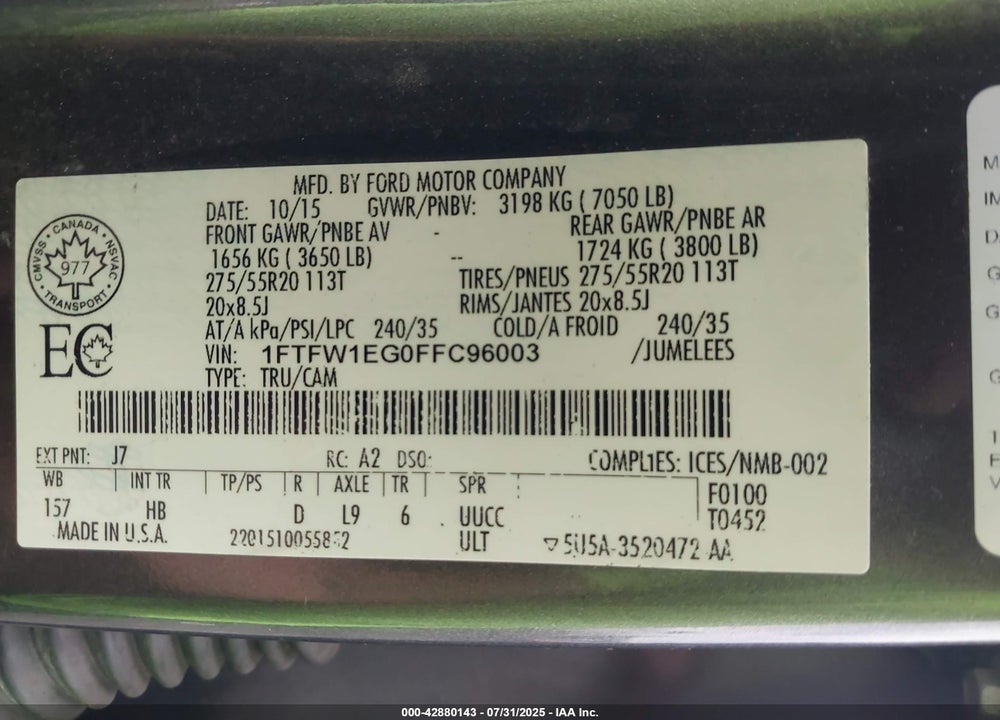 2015 FORD F-150 VIN: 1FTFW1EG0FFC96003