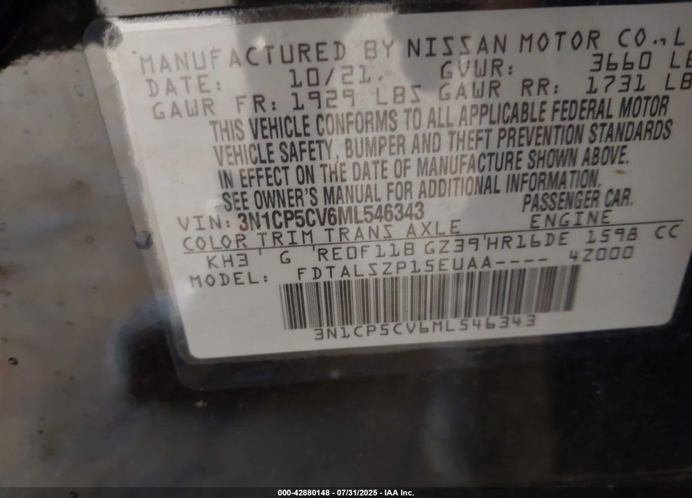 2021 NISSAN KICKS VIN: 3N1CP5CV6ML546343