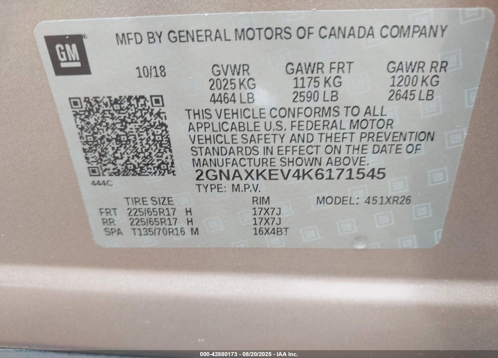 2019 CHEVROLET EQUINOX VIN: 2GNAXKEV4K6171545