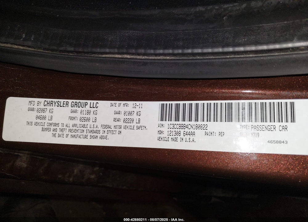 2012 CHRYSLER 200 VIN: 1C3CCBBB4CN180822