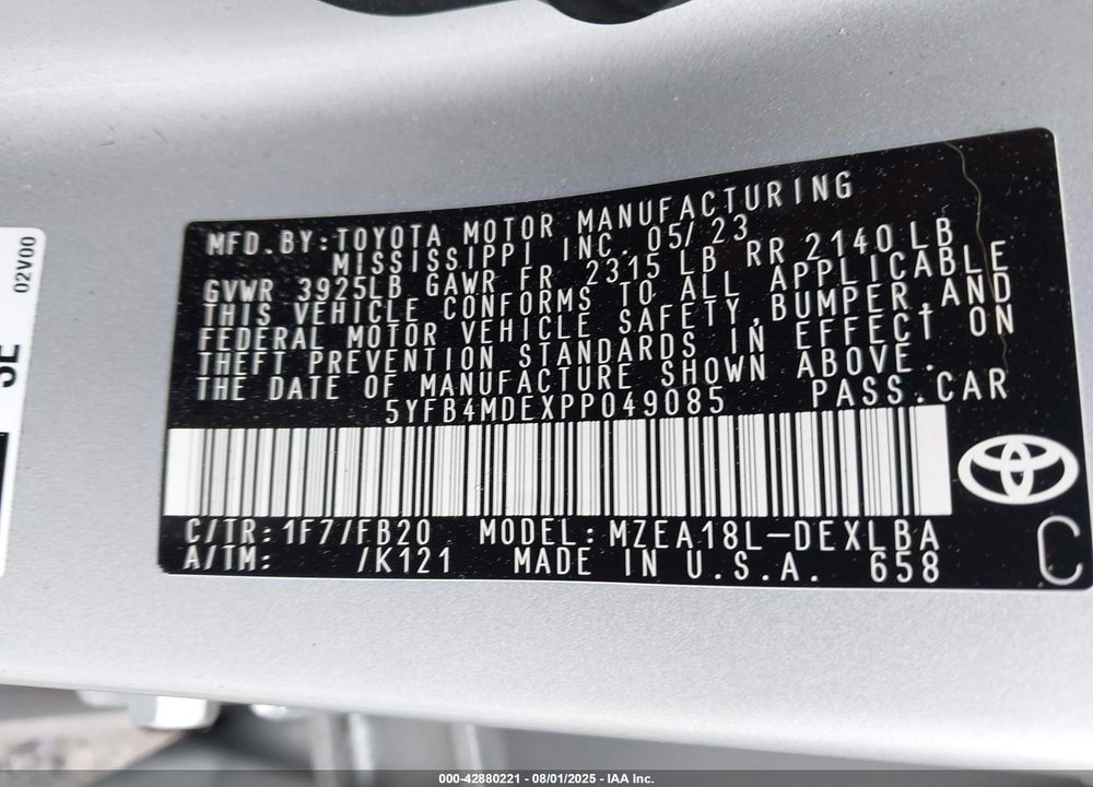 2023 TOYOTA COROLLA VIN: 5YFB4MDEXPP049085