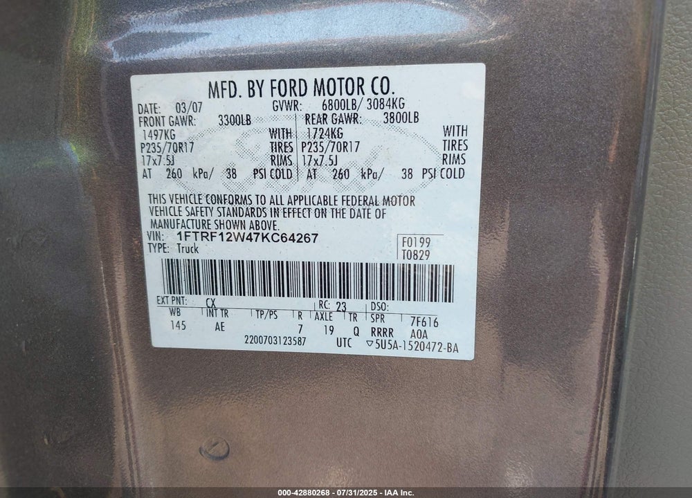 2007 FORD F150 VIN: 1FTRF12W47KC64267