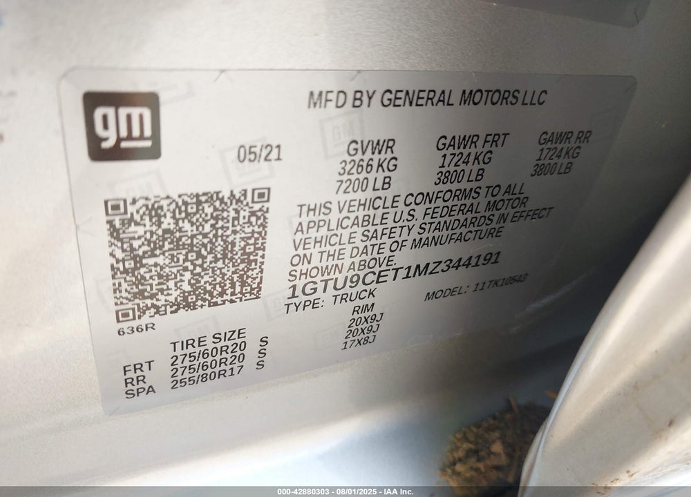 2021 GMC SIERRA 1500 VIN: 1GTU9CET1MZ344191