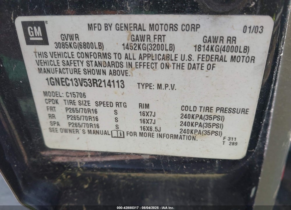 2003 CHEVROLET TAHOE LS VIN: 1GNEC13V53R214113