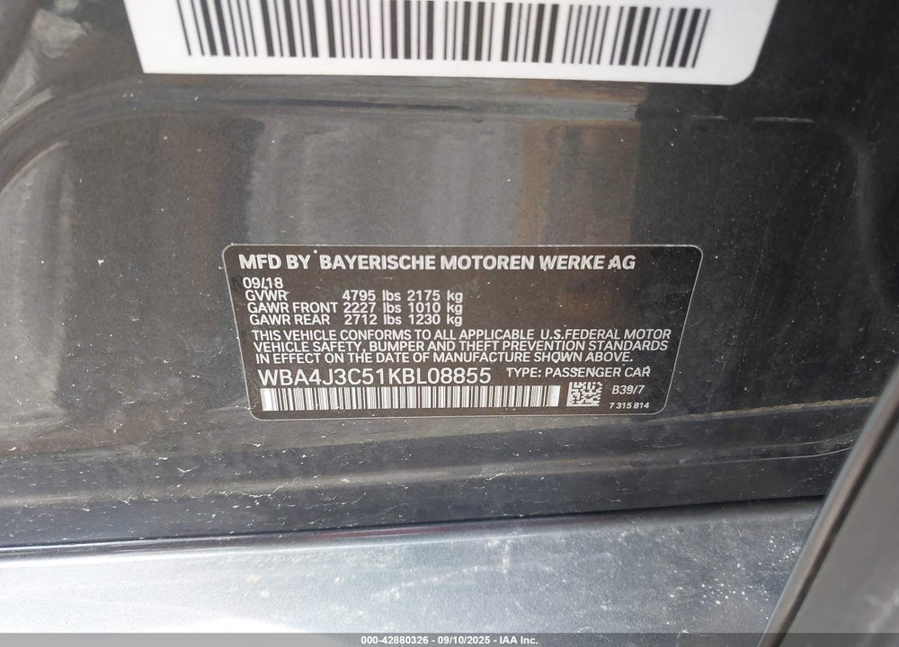 2019 BMW 4 SERIES VIN: WBA4J3C51KBL08855