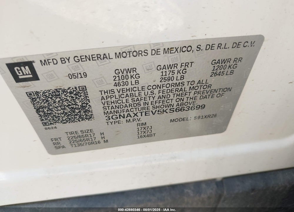 2019 CHEVROLET EQUINOX VIN: 3GNAXTEV5KS663699