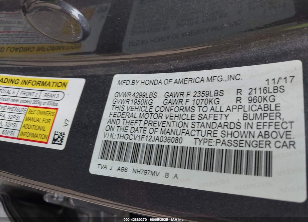2018 HONDA ACCORD VIN: 1HGCV1F12JA036080