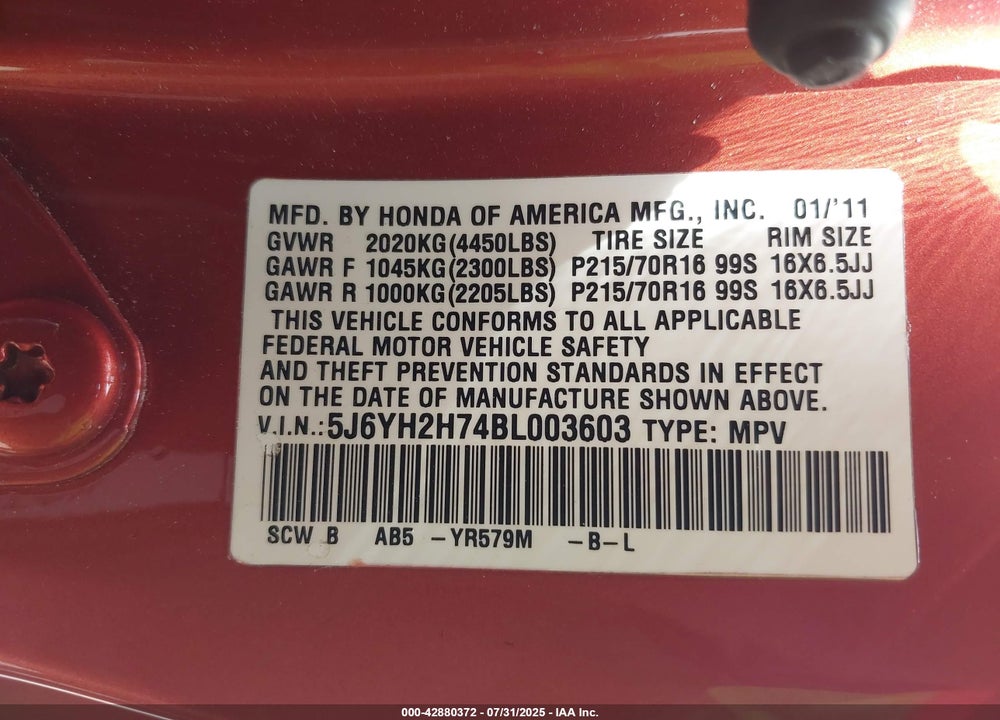 2011 HONDA ELEMENT VIN: 5J6YH2H74BL003603
