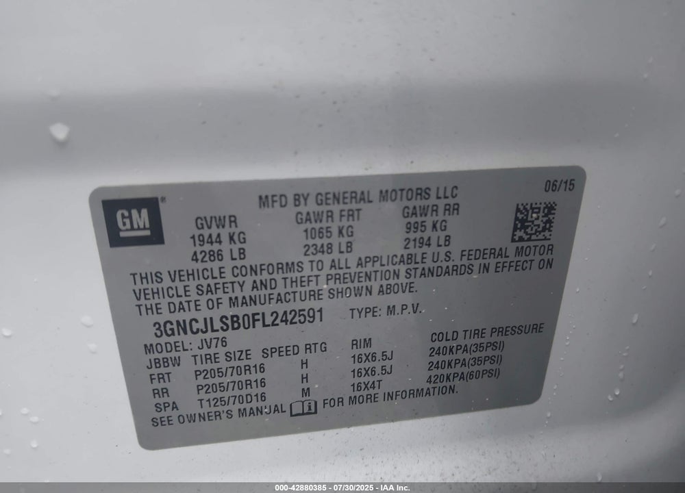 2015 CHEVROLET TRAX VIN: 3GNCJLSB0FL242591