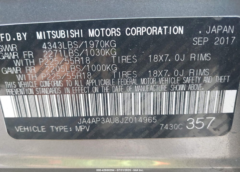 2018 MITSUBISHI OUTLANDER SPORT VIN: JA4AP3AU8JZ014965