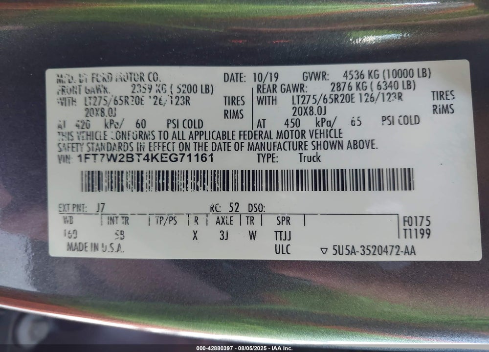2019 FORD F-250 VIN: 1FT7W2BT4KEG71161