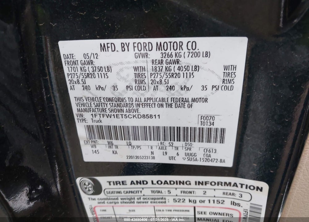 2012 FORD F-150 VIN: 1FTFW1ET5CKD85811