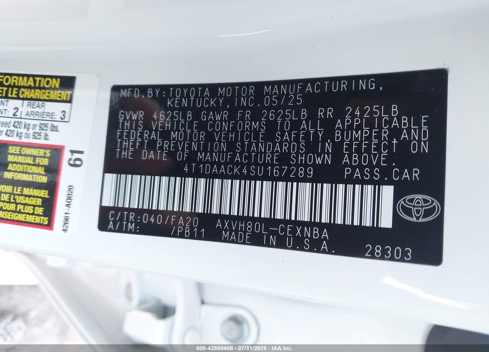 2025 TOYOTA CAMRY VIN: 4T1DAACK4SU167289