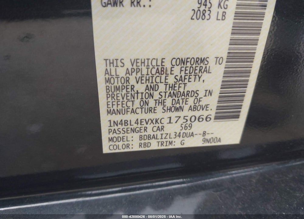 2019 NISSAN ALTIMA VIN: 1N4BL4EVXKC175066