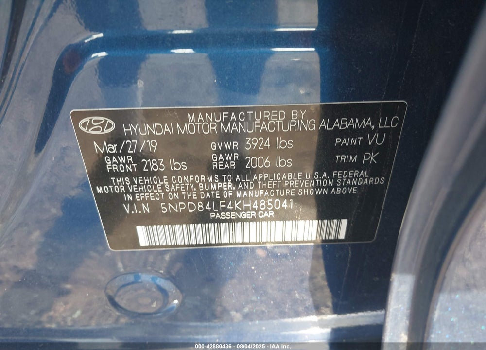 2019 HYUNDAI ELANTRA SEL VIN: 5NPD84LF4KH485041