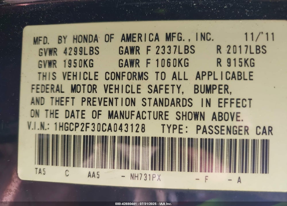 2012 HONDA ACCORD 2.4 LX VIN: 1HGCP2F30CA043128