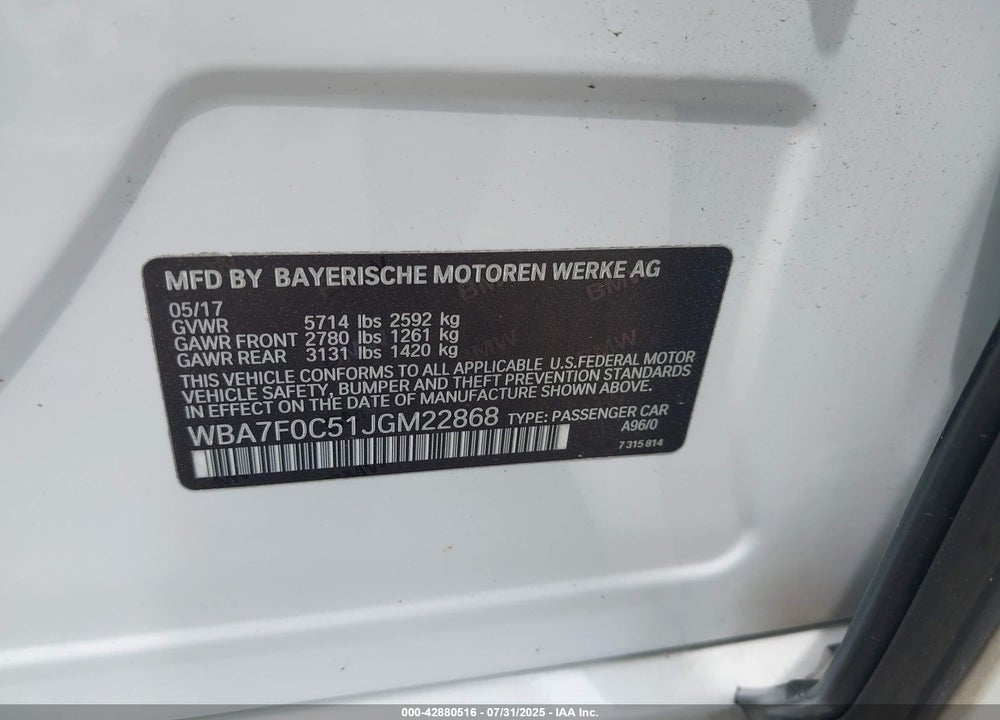 2018 BMW 7 SERIES VIN: WBA7F0C51JGM22868