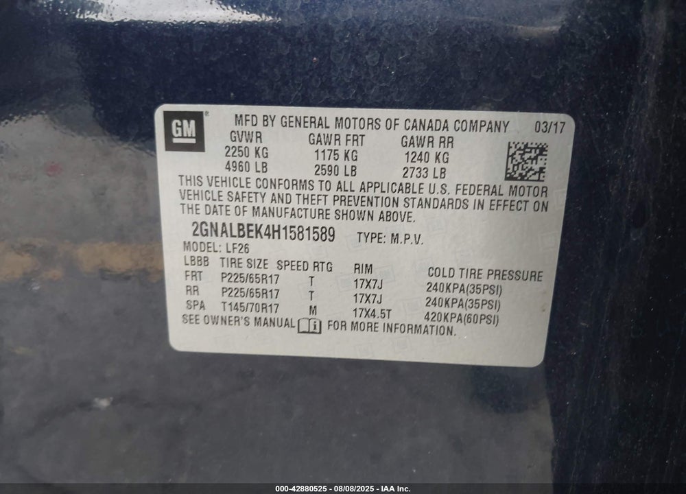 2017 CHEVROLET EQUINOX LS VIN: 2GNALBEK4H1581589