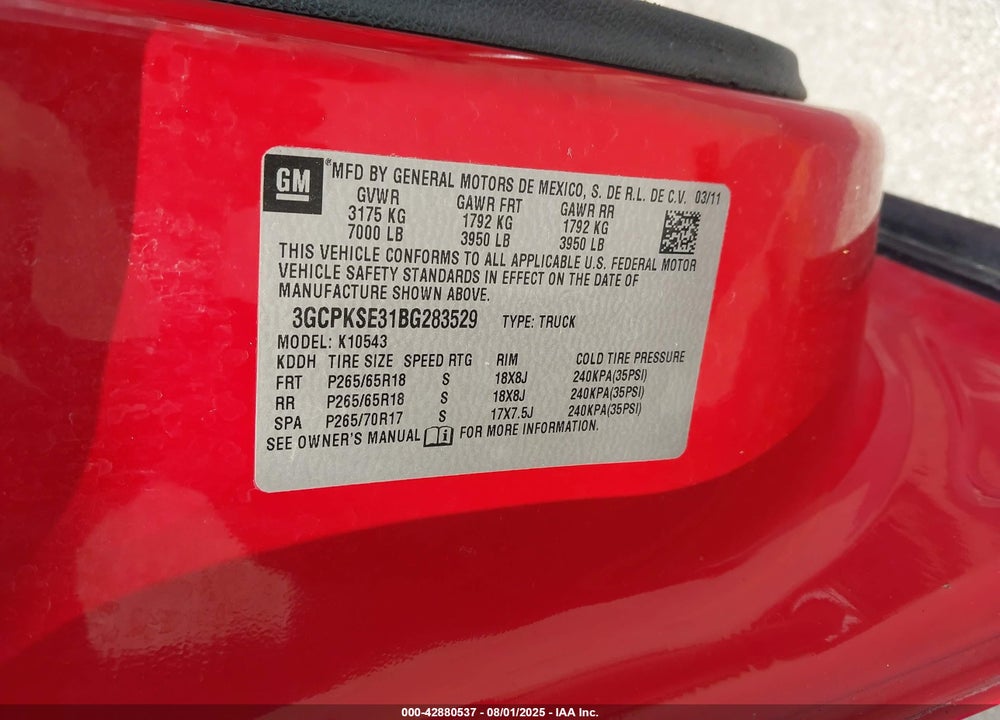 2011 CHEVROLET SILVERADO 1500 VIN: 3GCPKSE31BG283529
