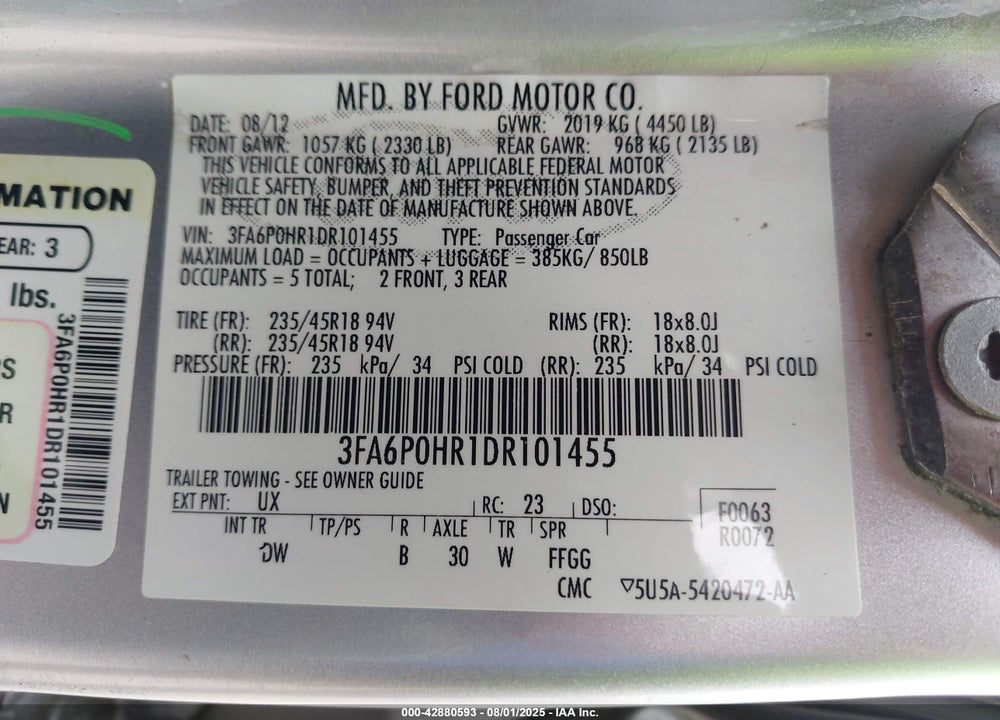 2013 FORD FUSION VIN: 3FA6P0HR1DR101455