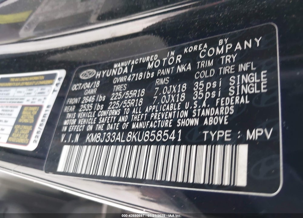 2019 HYUNDAI TUCSON LIMITED VIN: KM8J33AL8KU858541