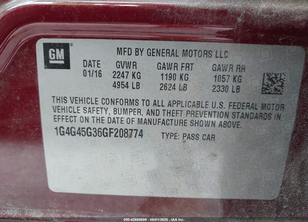 2016 BUICK LACROSSE VIN: 1G4G45G36GF208774