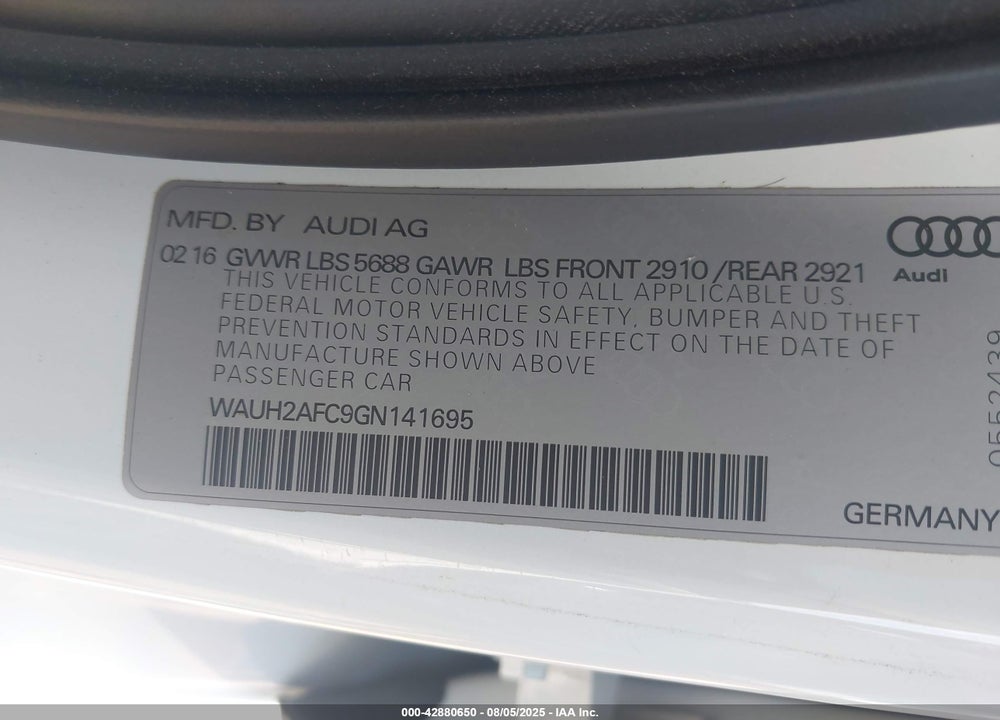 2016 AUDI S6 VIN: WAUH2AFC9GN141695