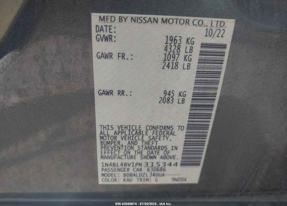 2023 NISSAN ALTIMA S FWD VIN: 1N4BL4BV1PN315344