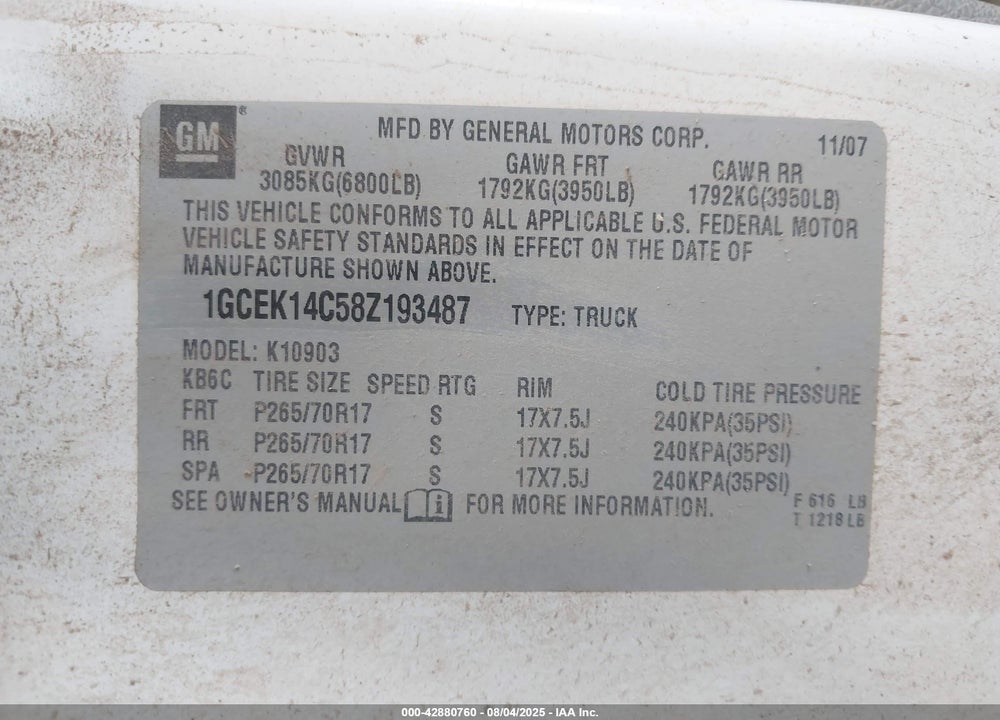2008 CHEVROLET SILVERADO 1500 WORK TRUCK VIN: 1GCEK14C58Z193487