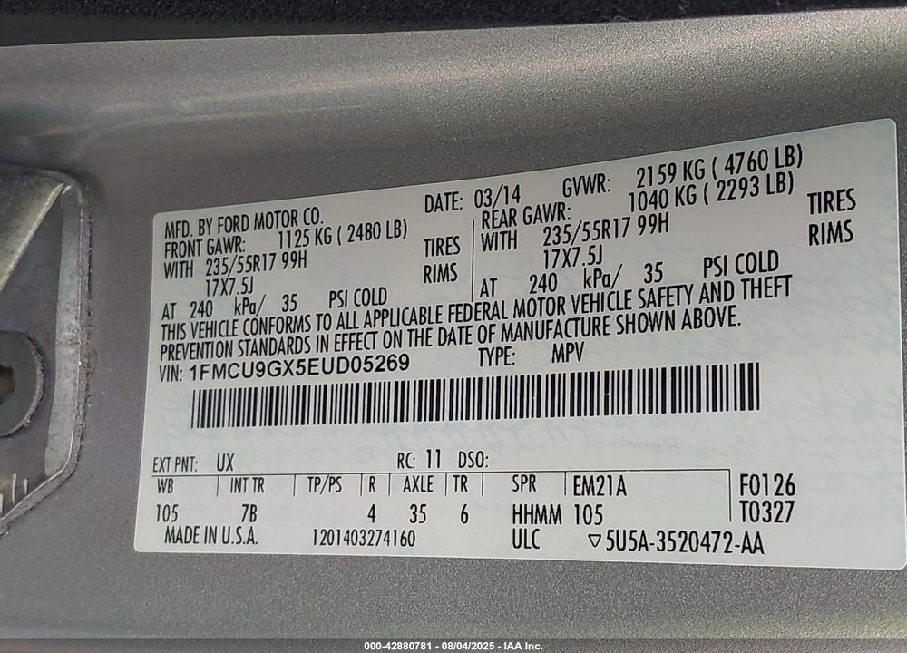 2014 FORD ESCAPE VIN: 1FMCU9GX5EUD05269