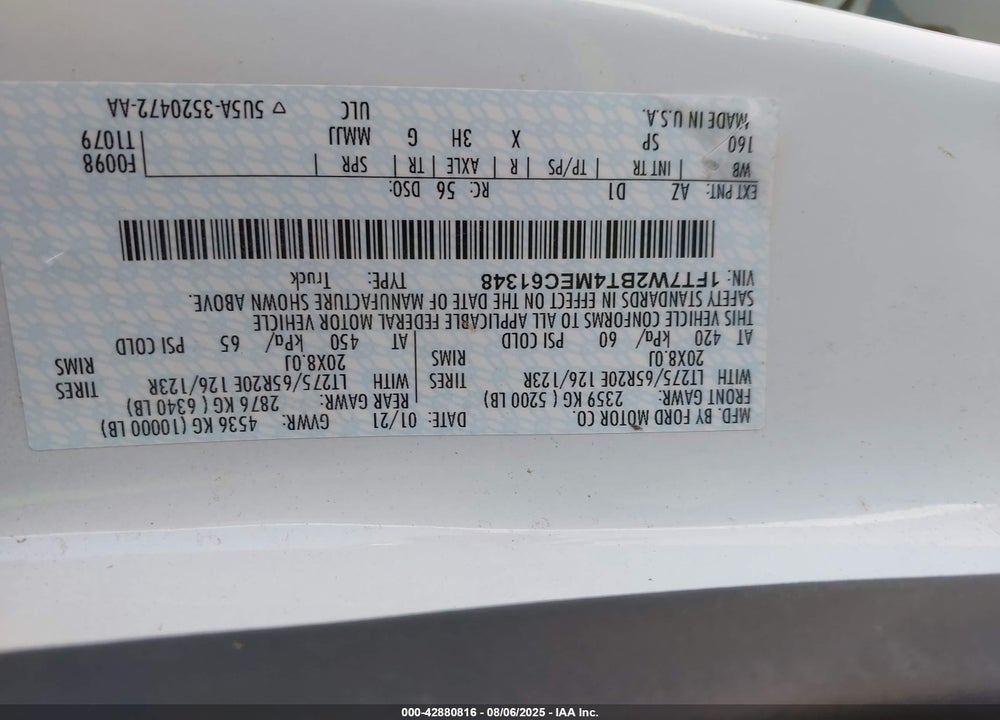 2021 FORD F-250 VIN: 1FT7W2BT4MEC61348