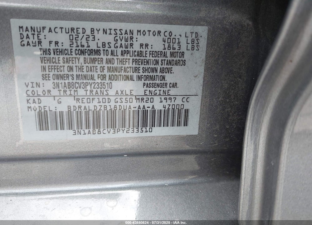 2023 NISSAN SENTRA SV XTRONIC CVT VIN: 3N1AB8CV3PY233510