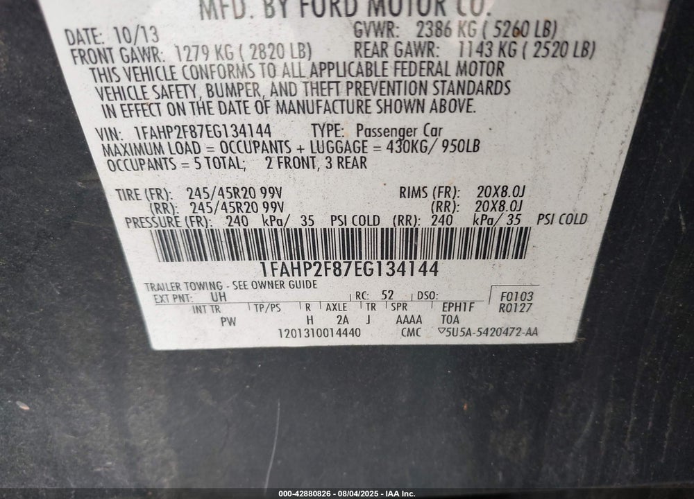 2014 FORD TAURUS LIMITED VIN: 1FAHP2F87EG134144