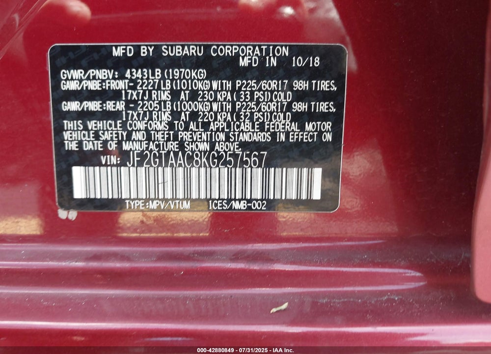 2019 SUBARU CROSSTREK VIN: JF2GTAAC8KG257567