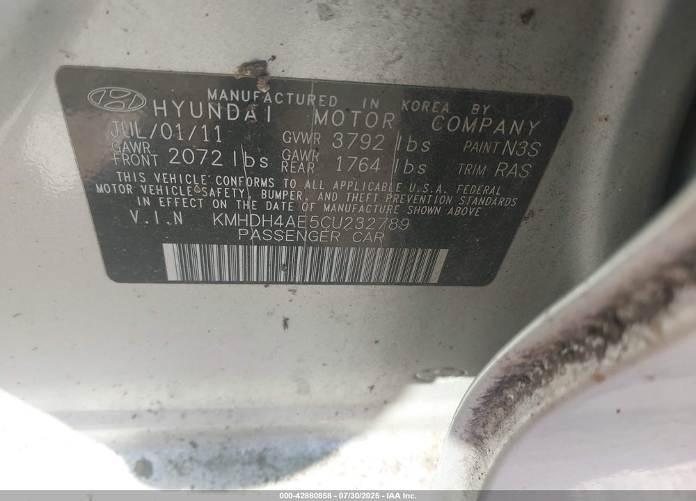 2012 HYUNDAI ELANTRA GLS (ULSAN PLANT) VIN: KMHDH4AE5CU232789