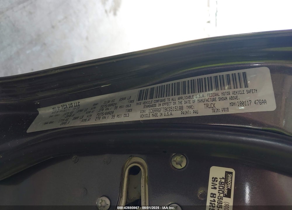 2019 RAM 1500 VIN: 1C6RR6FT9KS515188