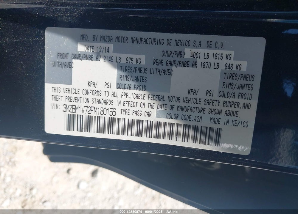 2015 MAZDA 3 VIN: 3MZBM1V72FM180156