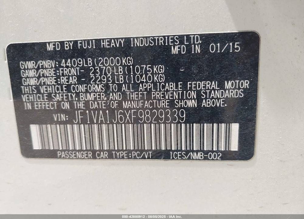 2015 SUBARU WRX LIMITED VIN: JF1VA1J6XF9829339
