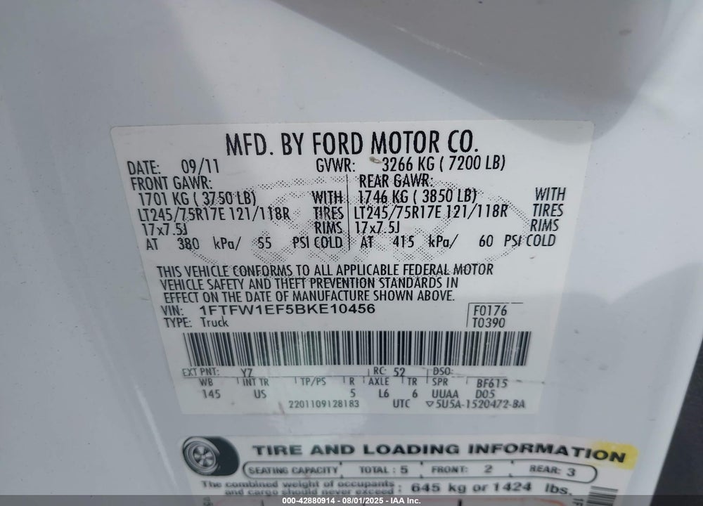 2011 FORD F-150 VIN: 1FTFW1EF5BKE10456